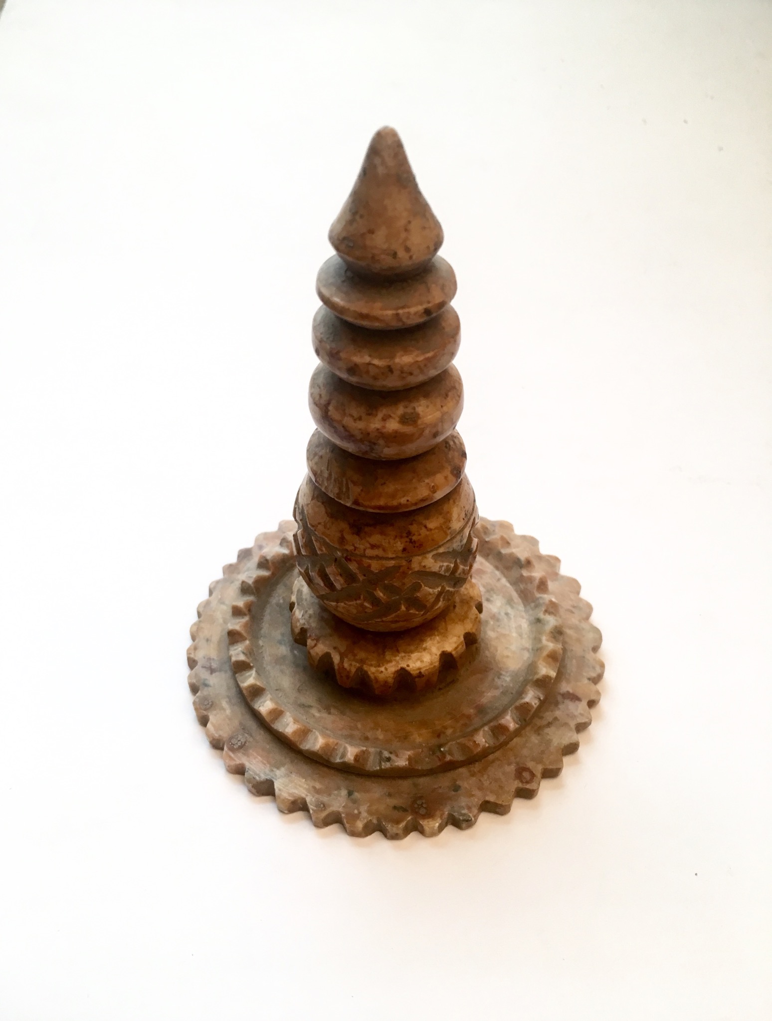 Soapstone model of a stupa, with four canopies on a dual pedestal